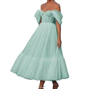 Aqua Tulle Sweetheart Bodice Maxi Dress Wide Straps Size US 4